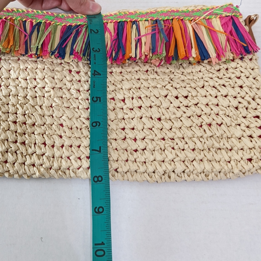 I.N.C Raffia Straw Colorful Fringe Trim Wristlet Clutch Crossbody Bag Resort - Picture 9 of 10